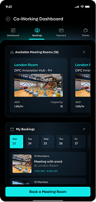DIFC+ Co-Working Dashboard — meeting room bookings