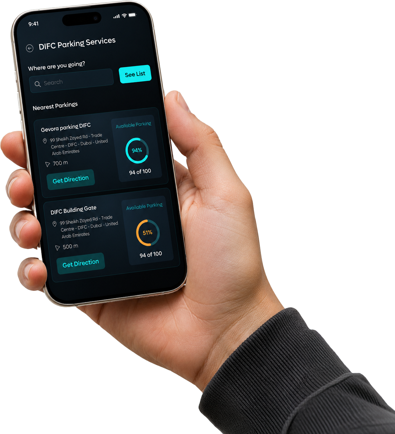 DIFC+ Parking Services — hand holding phone
