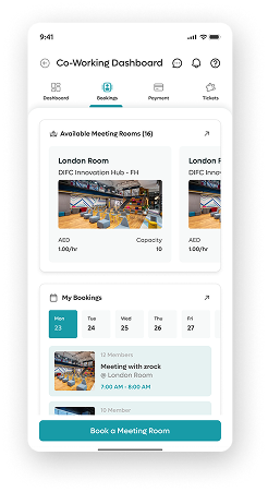 DIFC+ Co-Working Dashboard — light mode