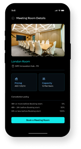 DIFC+ Meeting Room Details — dark mode