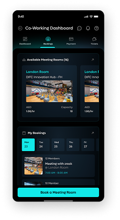 DIFC+ Co-Working Dashboard — dark mode