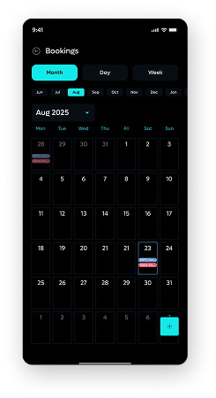 DIFC+ Bookings calendar — dark mode