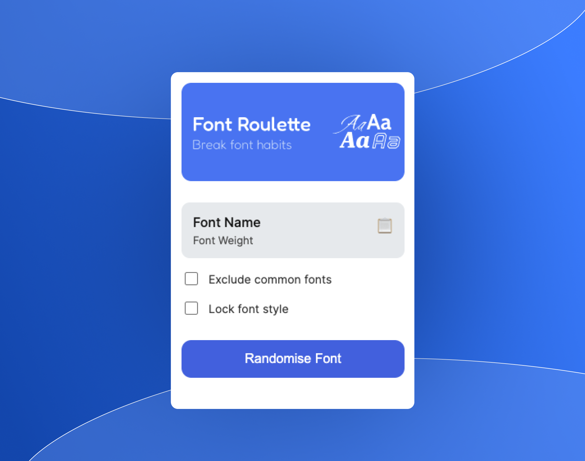 Font Randomiser plugin panel — Font Roulette