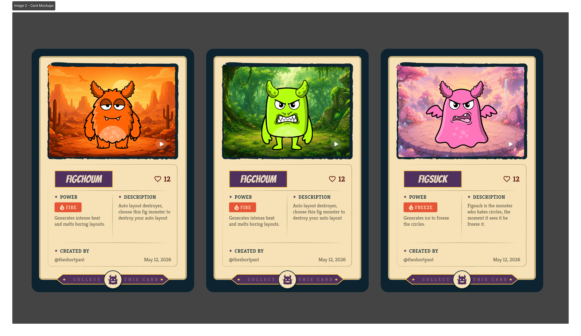 Card mockups across different biomes and powers